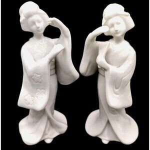 Dancing Geisha Figures White Porcelain Homco 7 Inch Tall 1443 Vintage Lot of 2